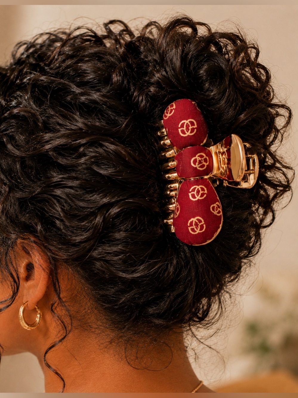 Elegant Red Bow Hair Claw Clip Gold Metal Strong Hold Hair Clip